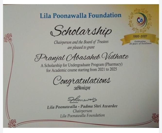 First Year B.Pharm Girl Students received Lila Poonawala Foundation Scholarship (2021-22).