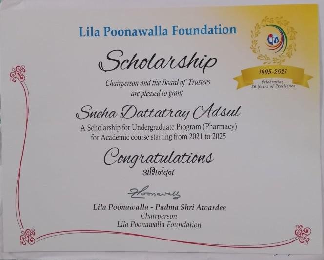 First Year B.Pharm Girl Students received Lila Poonawala Foundation Scholarship (2021-22).